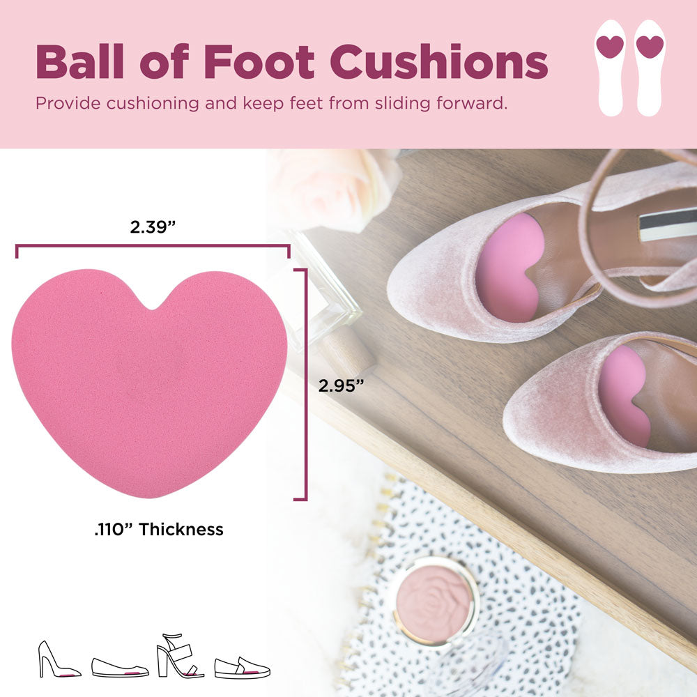 Ball of foot cushions provide cushioning and keep feet from sliding forward. Image with product dimensions: 2.39" W, 2.95" L, .110" thick #color_pink