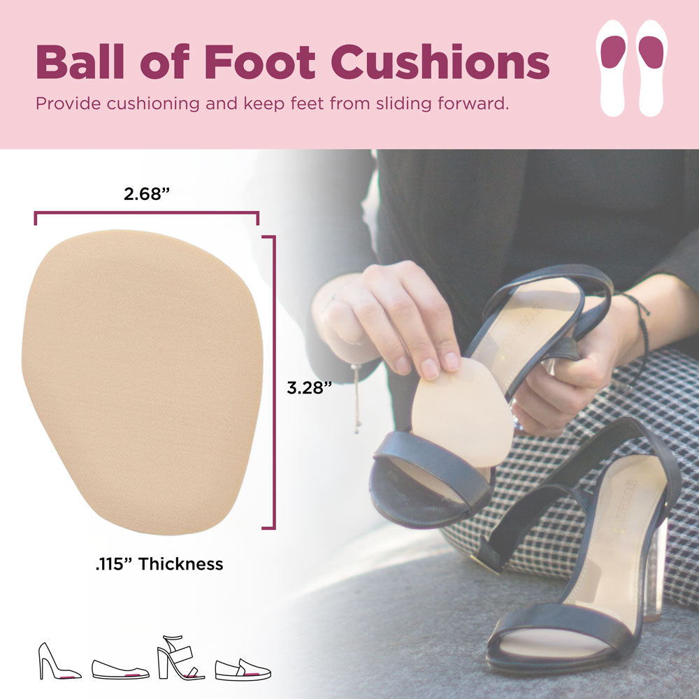 Ball of foot cushions provide cushioning and keep feet from sliding forward. Image with product dimensions: 2.68" W, 3.28" L, .115" thick