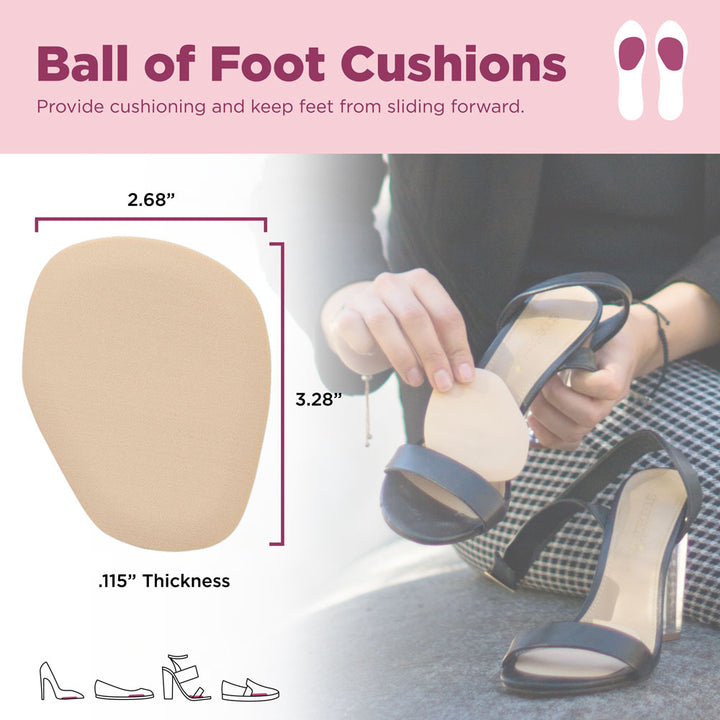 Ball of foot cushions provide cushioning and keep feet from sliding forward. Image with product dimensions: 2.68" W, 3.28" L, .115" thick