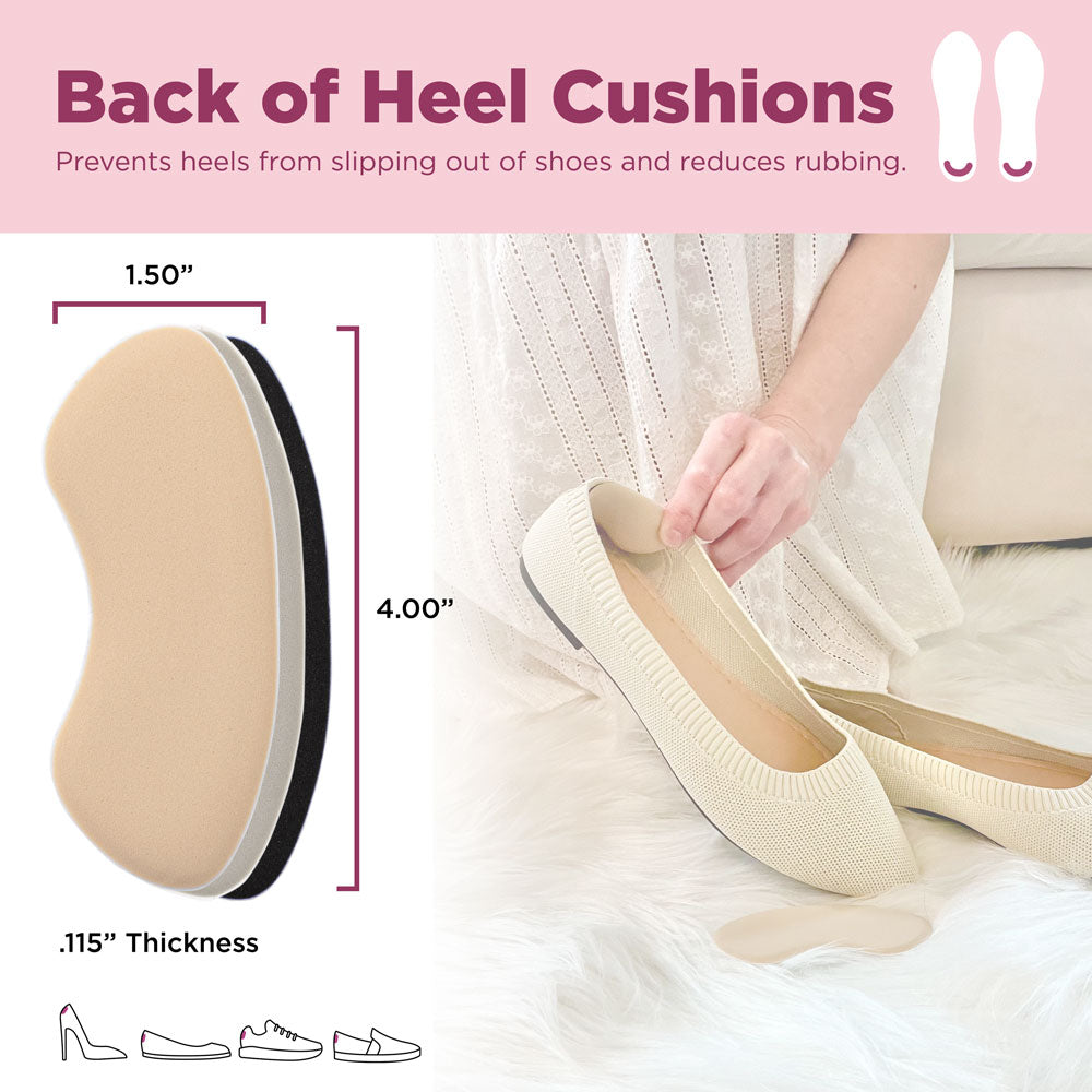 Back of heel cushions prevent heels from slipping out of shoes and reduces rubbing. Image of product dimensions: 1.50