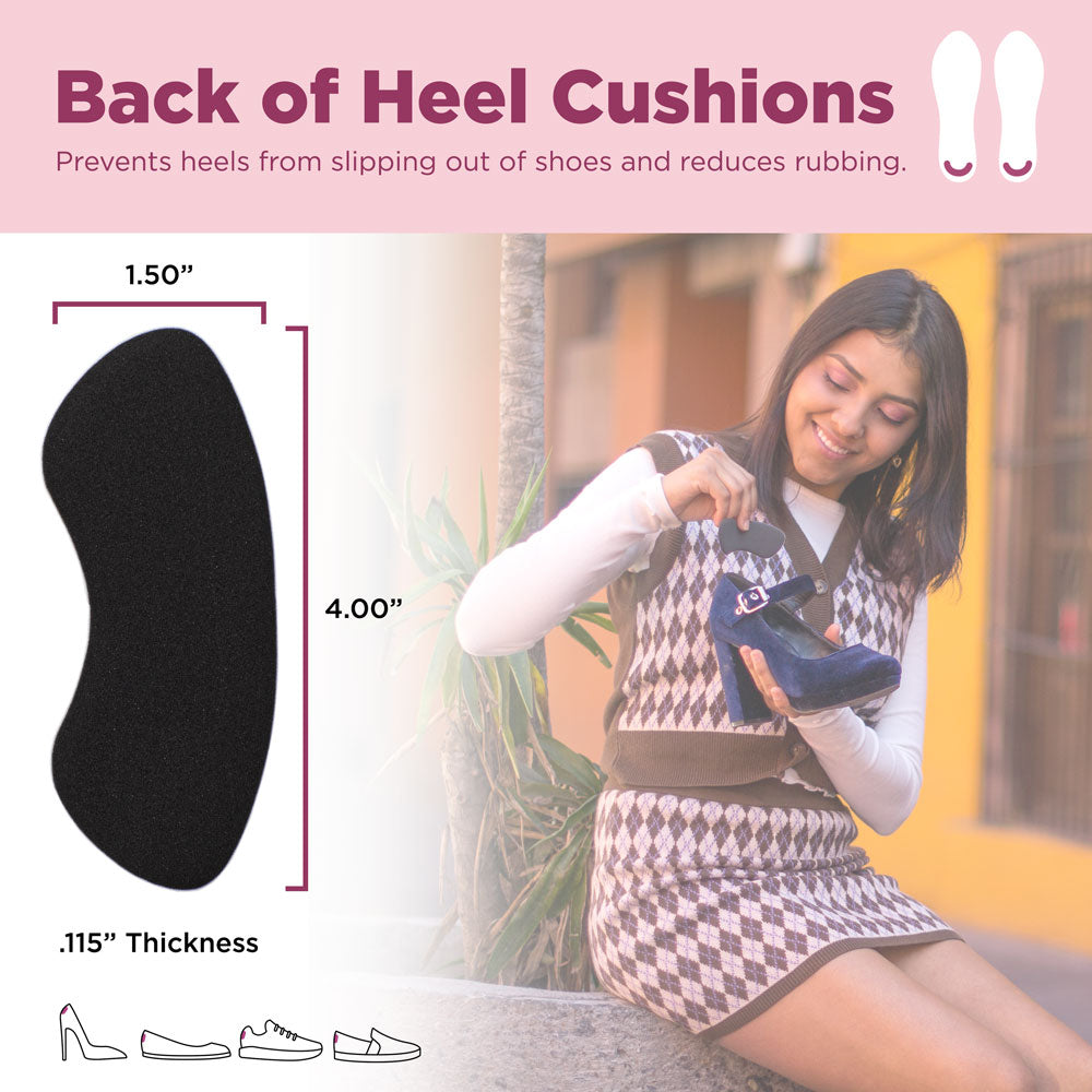 Back of heel cushions prevent heels from slipping out of shoes and reduces rubbing. Image of product dimensions: 1.50