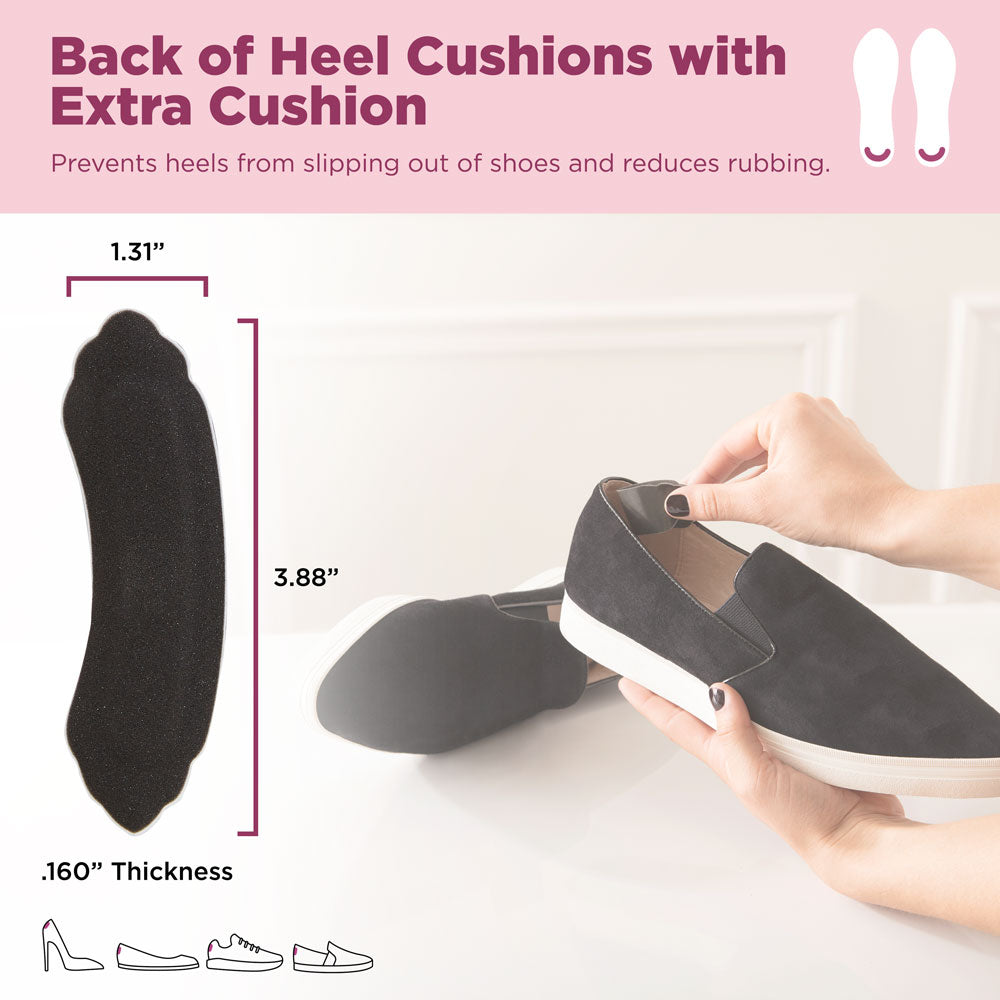 Back of heel cushions with extra cushion prevent heels from slipping out of shoes and reduce rubbing. Image of product dimensions: 1.31