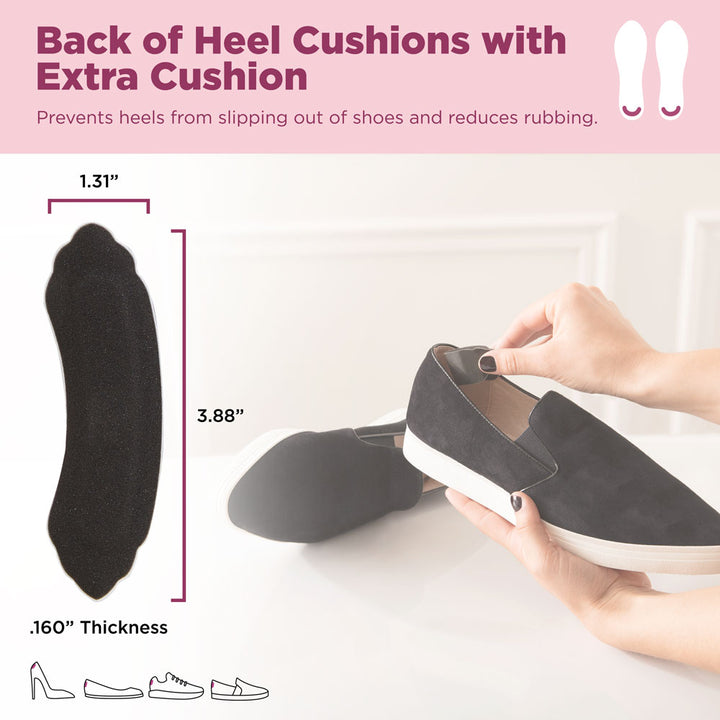 Back of heel cushions with extra cushion prevent heels from slipping out of shoes and reduce rubbing. Image of product dimensions: 1.31" W, 3.88" L, .160" thick #color_black