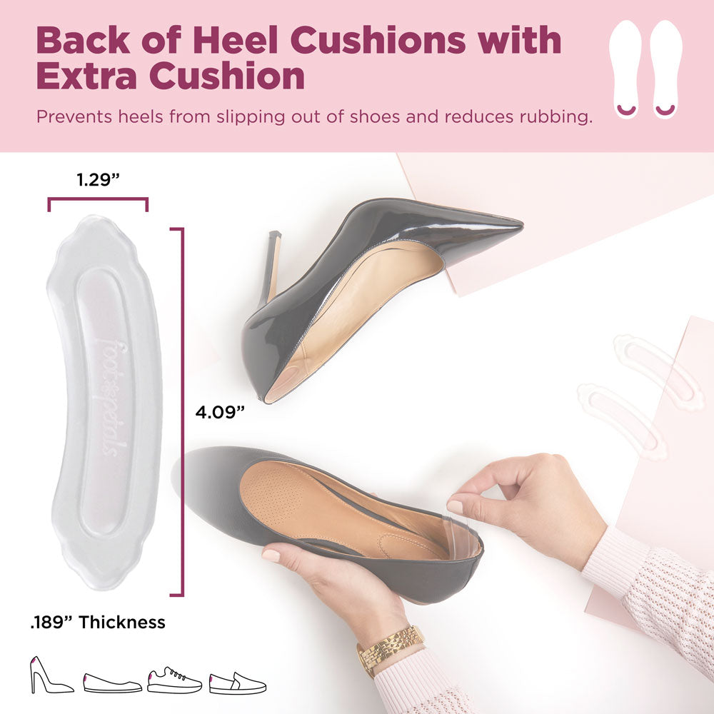 Back of heel cushions with extra cushion prevents heels from slipping out of shoes and reduces rubbing. Image of product dimensions: 1.29