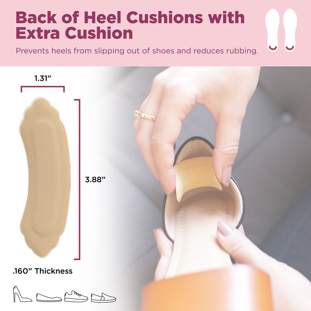 Back of heel cushions with extra cushion prevent heels from slipping out of shoes and reduce rubbing. Image of product dimensions: 1.31