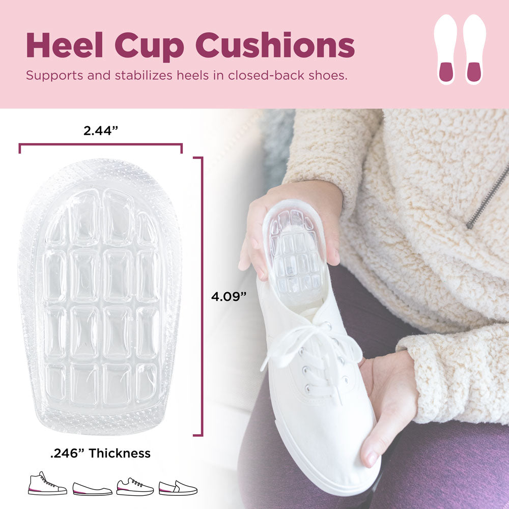 Heel cup cushions support and stabilize heels in closed-back shoes. Image of product with dimensions: 2.44