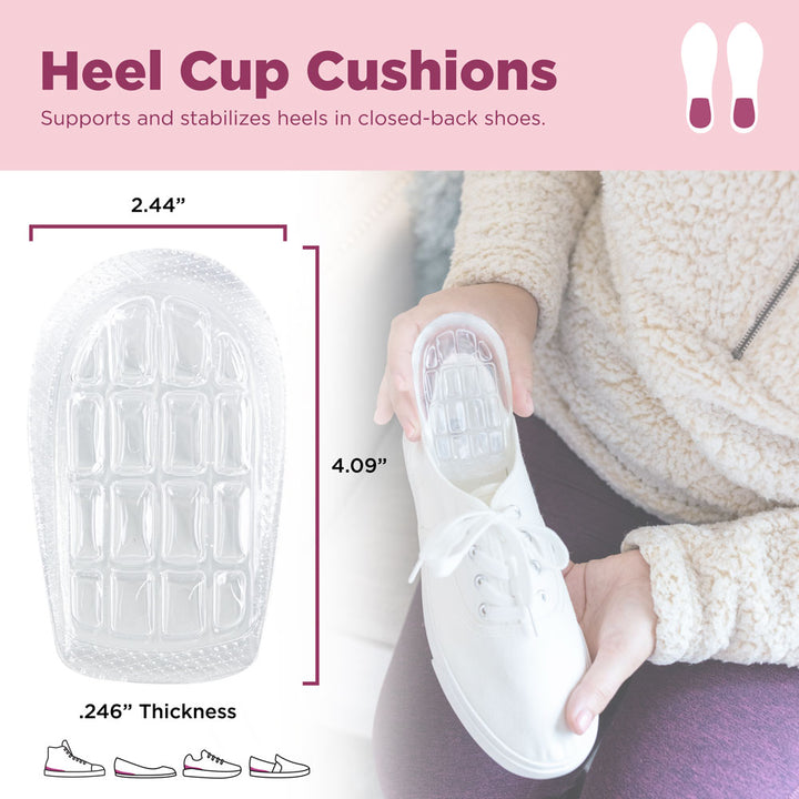 Heel cup cushions support and stabilize heels in closed-back shoes. Image of product with dimensions: 2.44" W, 4.09" L, .246" thick.