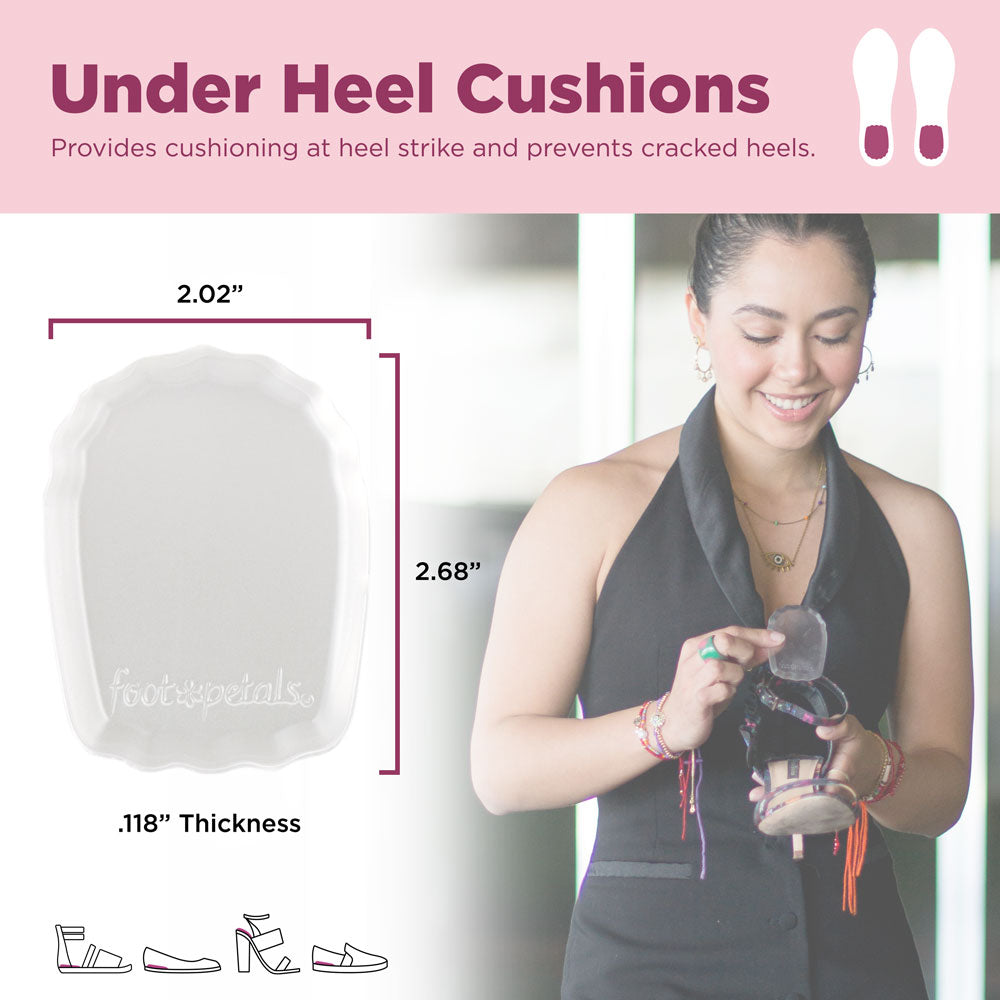 Under heel cushions provide cushioning at heel strike and prevent cracked heels. Image with product dimensions: 2.02