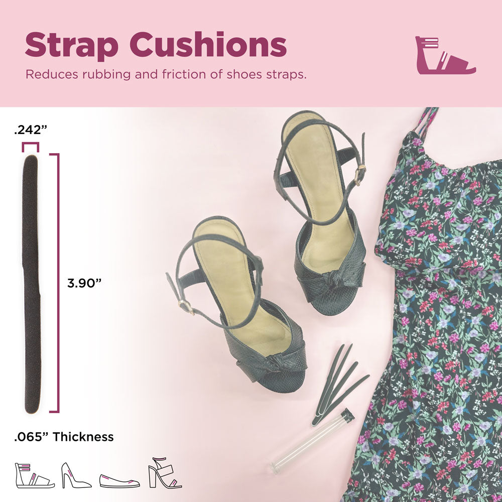 Strap cushions reduce rubbing and friction of shoes straps. Image of product dimensions: .242