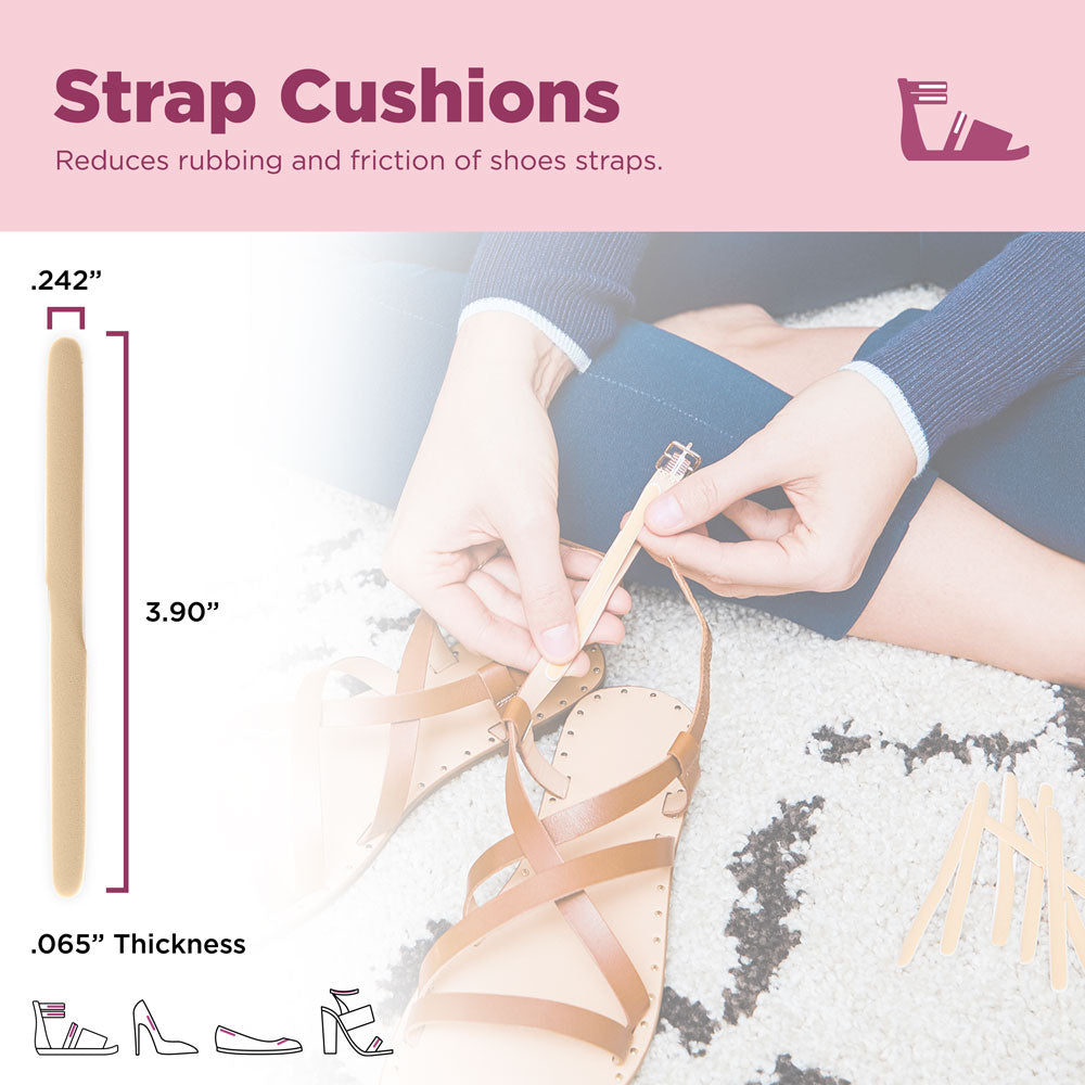 Strap cushions reduce rubbing and friction of shoes straps. Image of product dimensions: .242