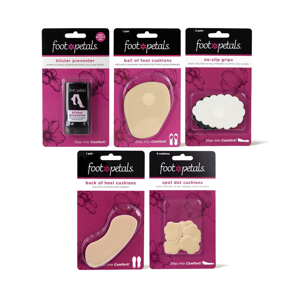 Packaging of foot care products by foot petals on a white background