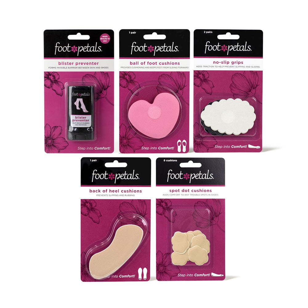 Packaging of foot care products by foot petals on a white background