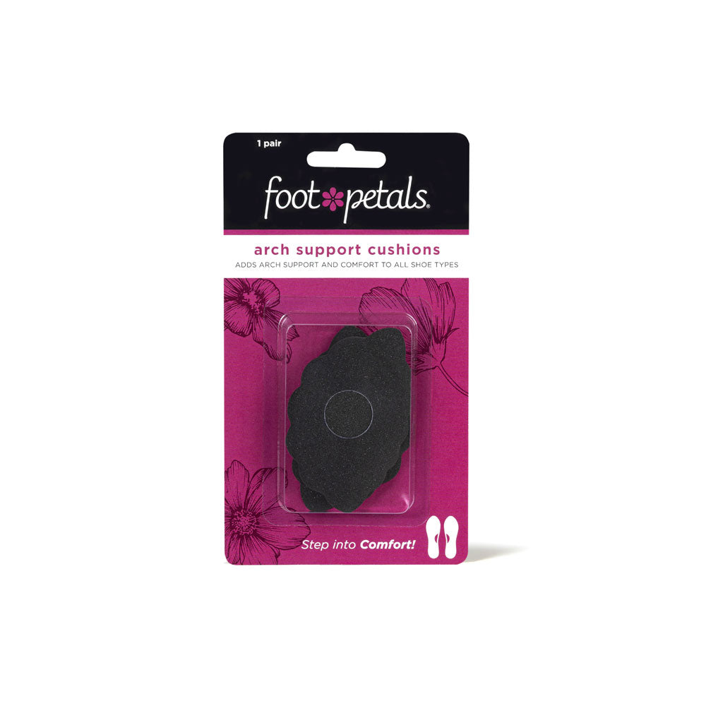 Foot Petals Black Arch Support Cushions packaging, adds arch support and comfort to all shoe types #color_black