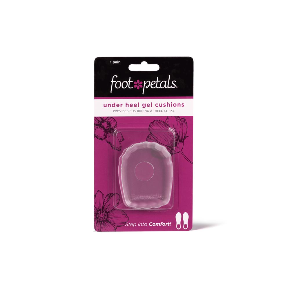 Foot Petals Gel Under Heel Cushions packaging, provides cushioning at heel strike