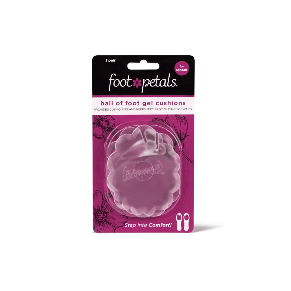 Foot Petals Ball of Foot Gel Cushions for Sandals packaging, provides cushioning and keeps feet from sliding forward #color_clear
