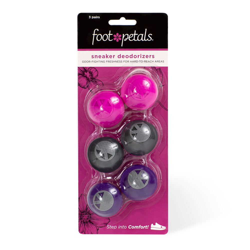 Sneaker Deodorizers in pink packaging, odor-fighting freshness for hard-to-reach areas, pink, dark gray, and purple sneaker balls #color_girly-girl-3-pairs