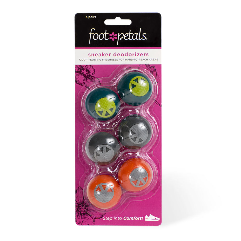 Sneaker Deodorizers in pink packaging, odor-fighting freshness for hard-to-reach areas, teal/green, dark gray, and orange sneaker balls #color_neutral-3-pairs