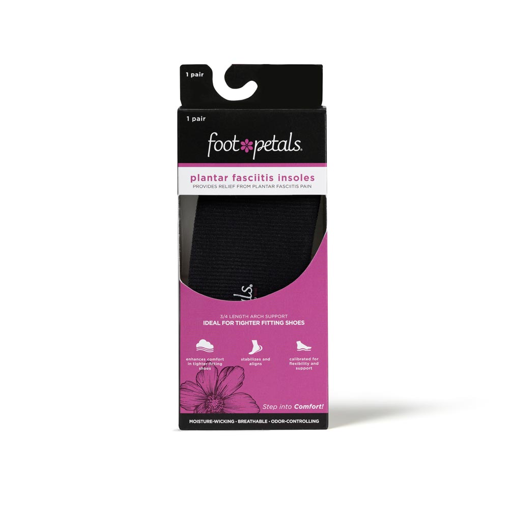 Foot Petals Plantar Fasciitis Insoles in pink packaging, arch support for tighter fitting shoes
