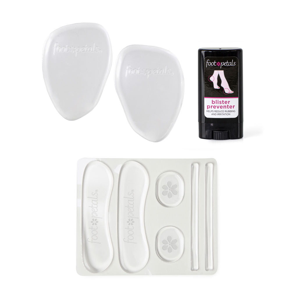 Shoe Emergency Kit includes: 1 pair gel ball of foot cushions, 1 pair gel back of heel cushions, 1 pair gel spot cushions, 1 pair gel strap cushions, and 1 tube blister preventer balm